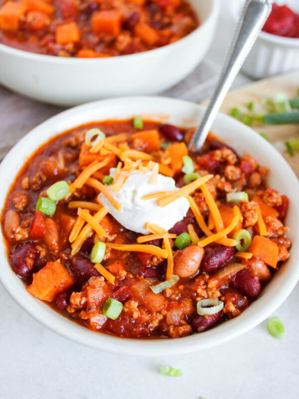 Chicken chili with sweet potatoes in a bowl.