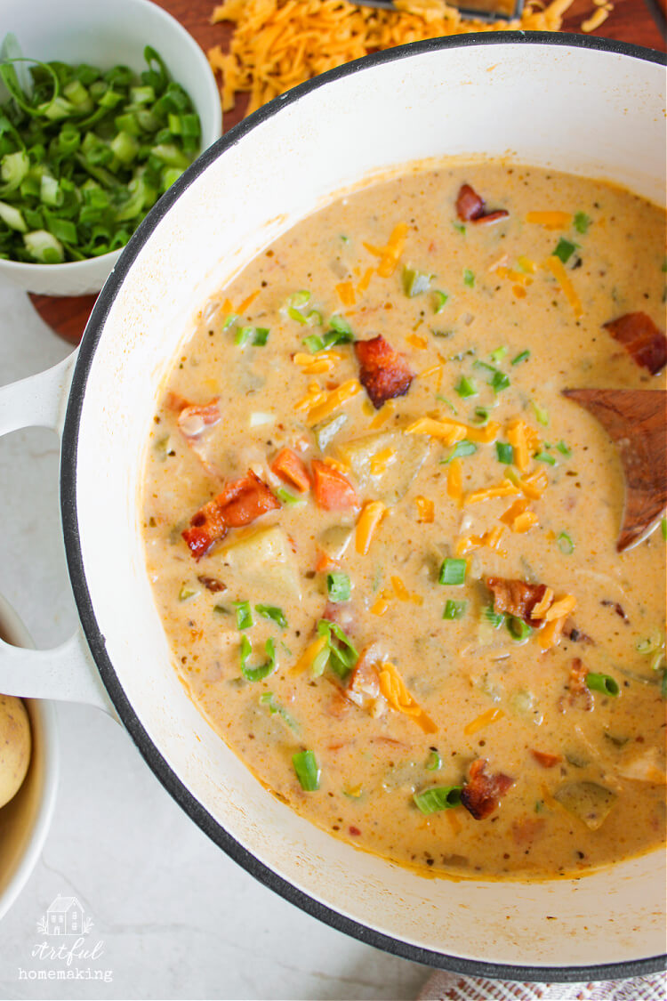 overhead view of a bowl of potato chicken soup