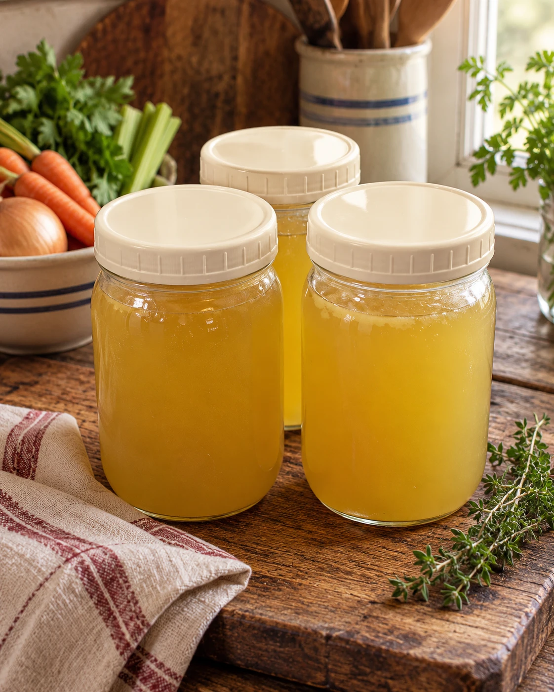 jars of chicken stock made in a Crock Pot slow cooker