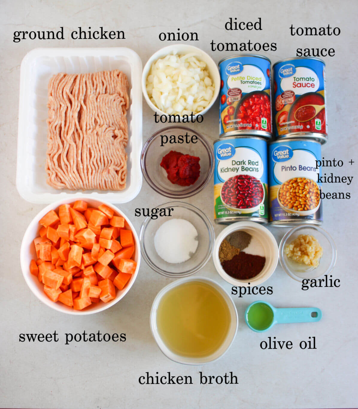 Chicken chili with sweet potatoes ingredients.