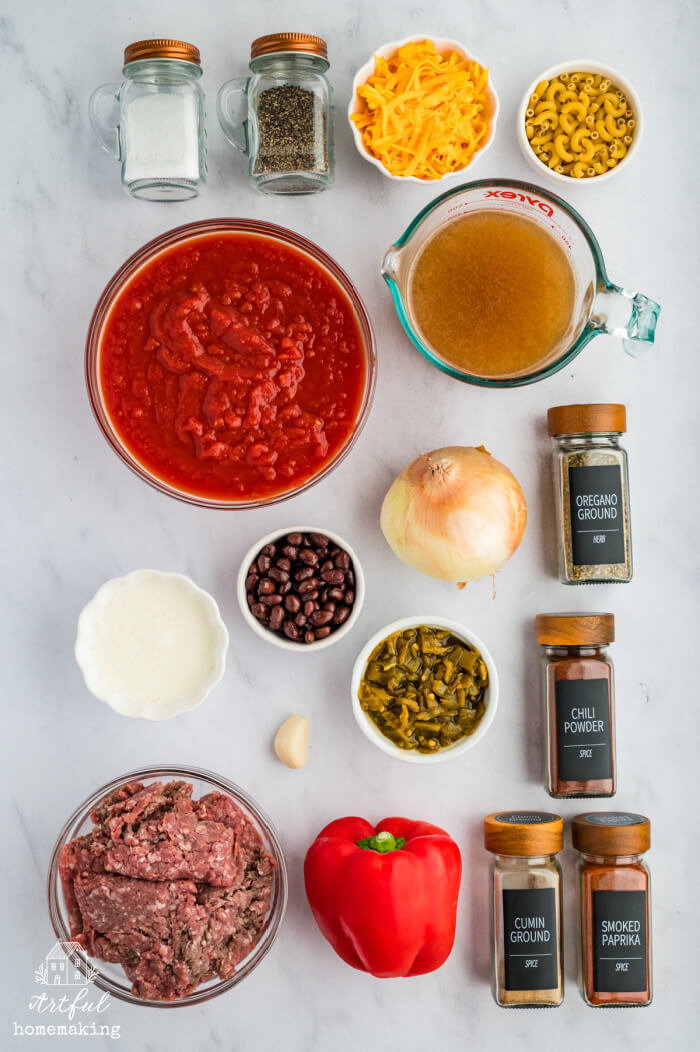 ingredients on a white and gray marble countertop