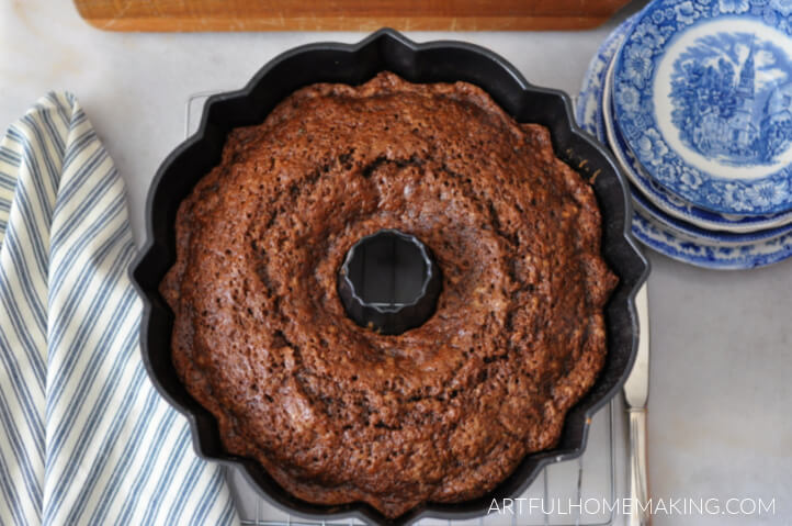 chocolate chip zucchini bread in a bundt pan