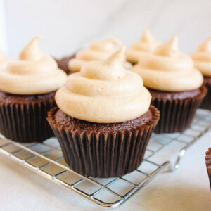 chocolate coffee cupcakes on a wire cooling rack.