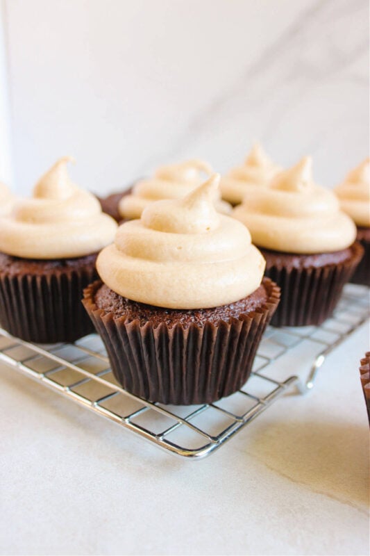 chocolate coffee cupcakes on a wire cooling rack.