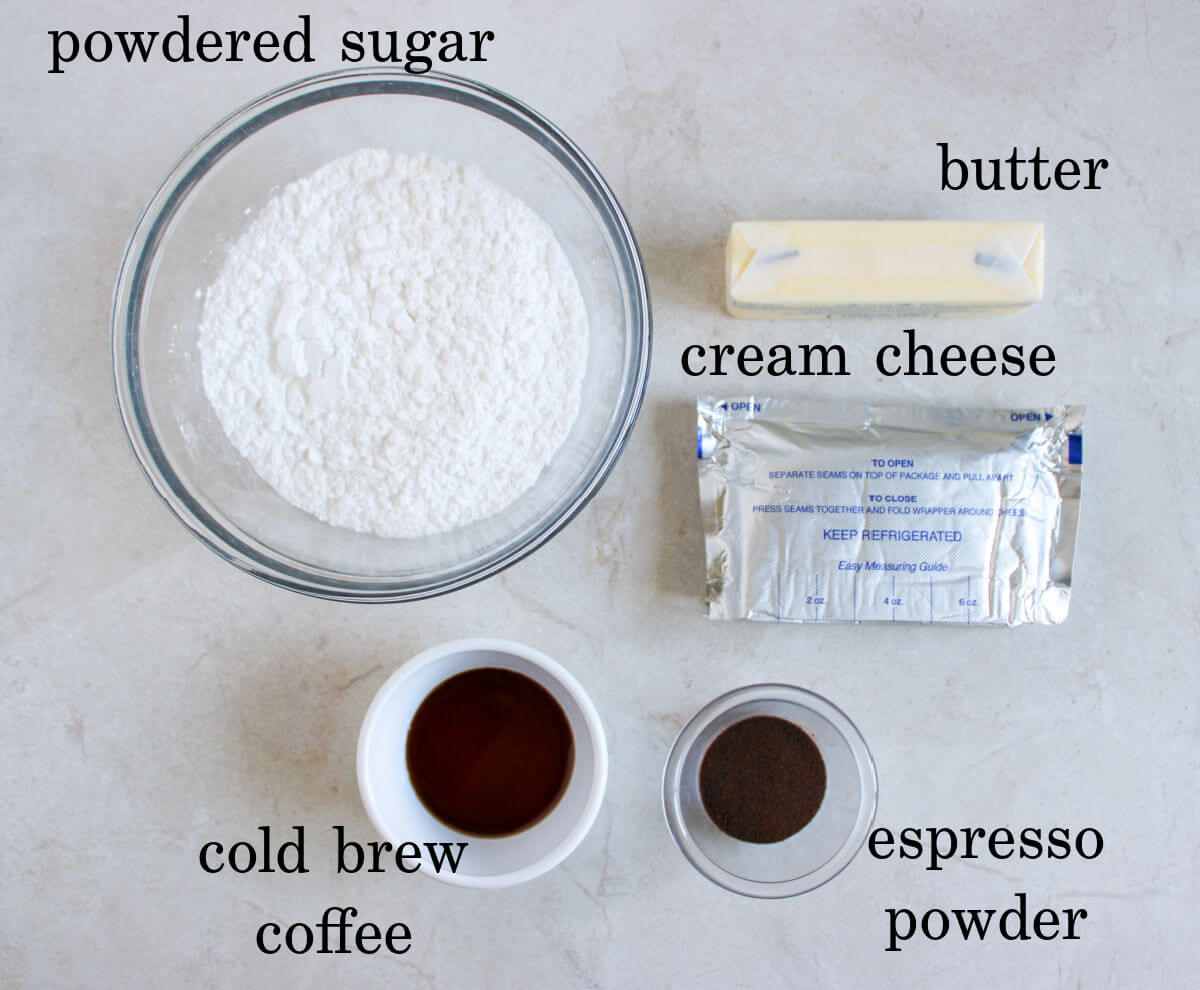 Frosting ingredients with labeled text overlay.