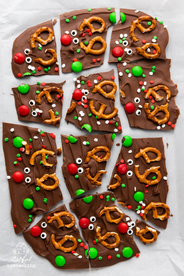 chocolate reindeer bark broken into pieces