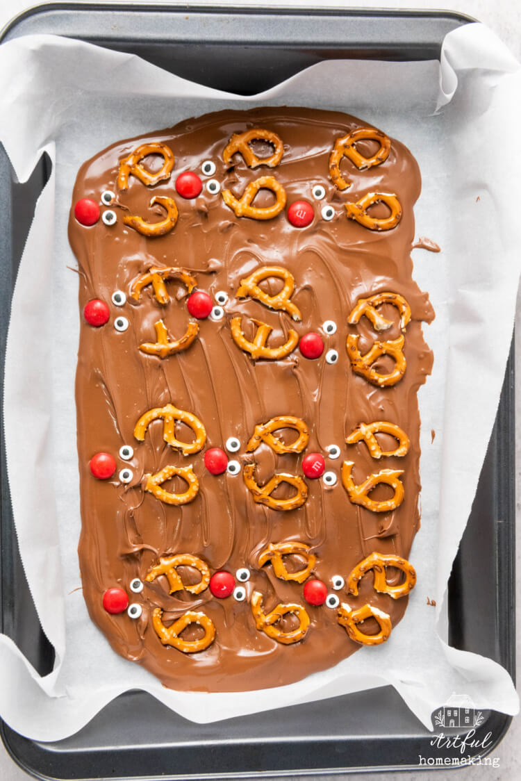 making chocolate reindeer bark Christmas candy