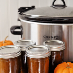 slow cooker pumpkin butter in front of crock pot with mini pumpkins