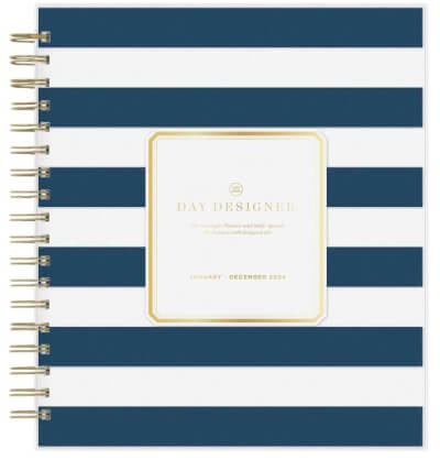 white and blue stripe planner