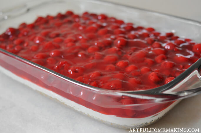 glass baking dish with cherries