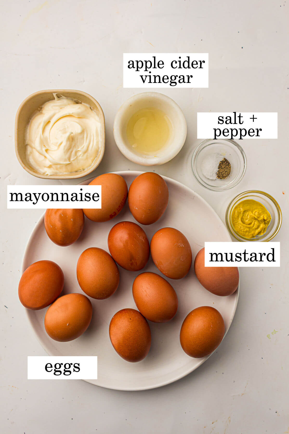 Ingredients for easy homemade deviled eggs recipe.