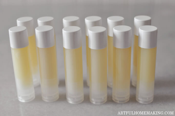 beeswax lip balm in tubes with lids on after mixture has hardened