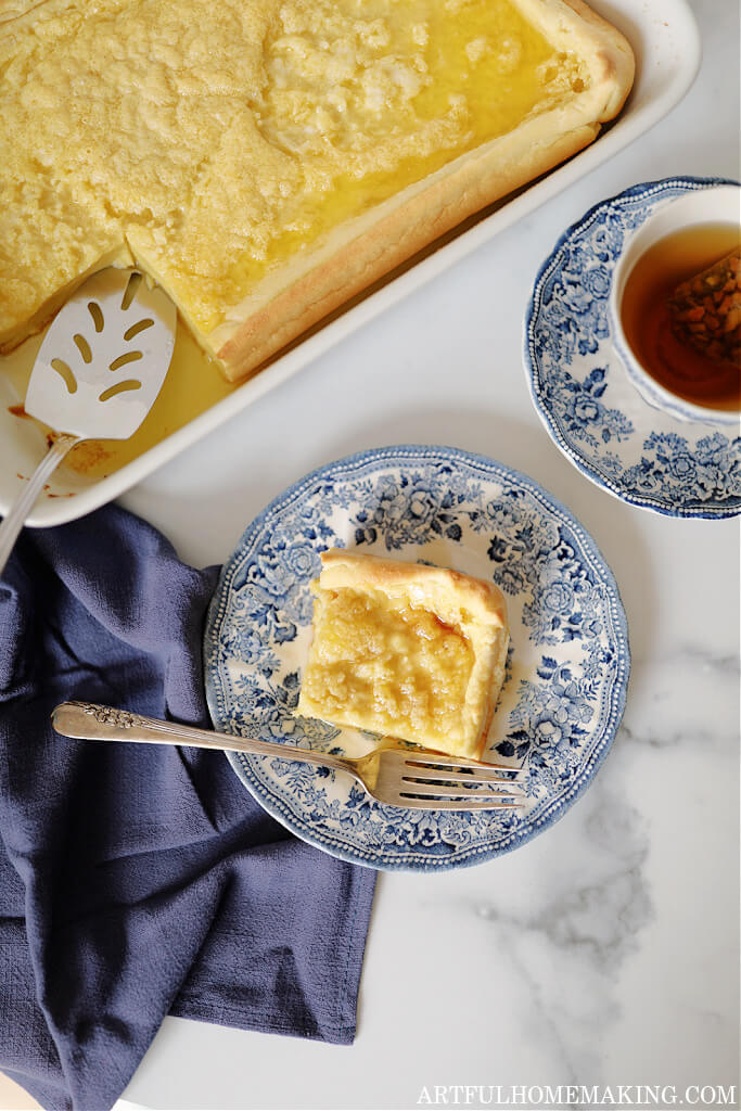 dutch puff pancake on a blue transferware plate