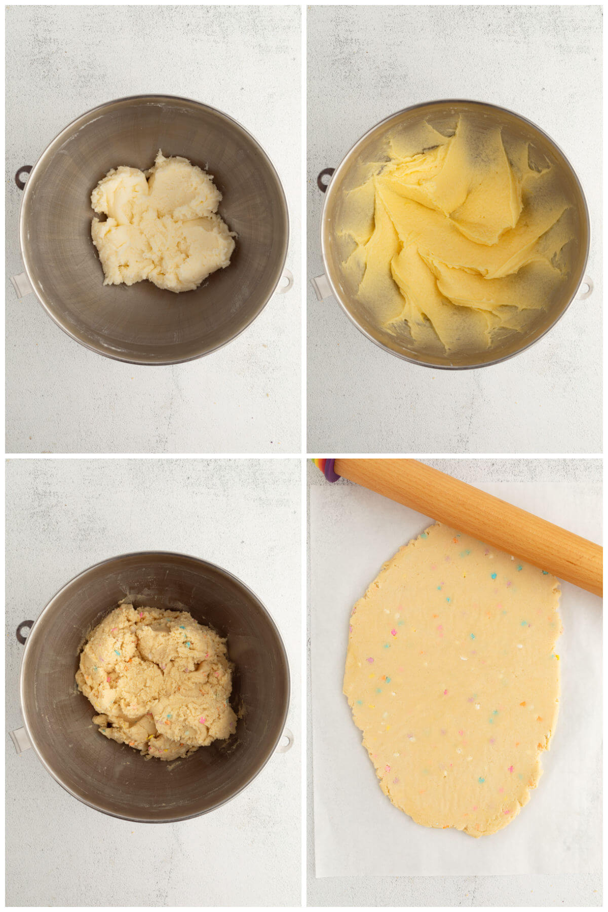 top down view of four photos showing steps for recipe, including mixing dough and rolling it out