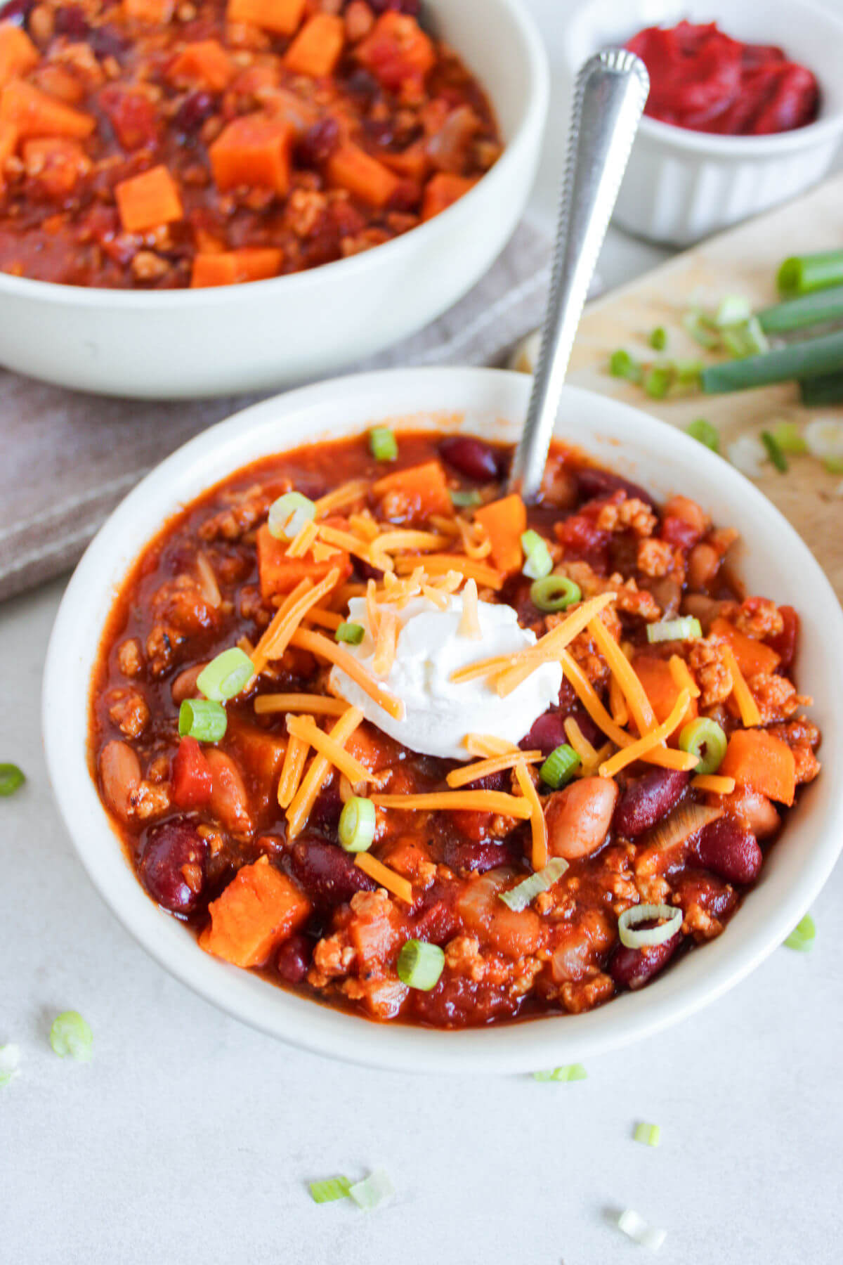 Chicken chili with sweet potatoes in a bowl.