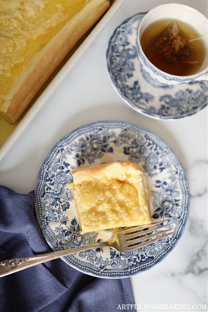 dutch puff pancake on a blue floral plate