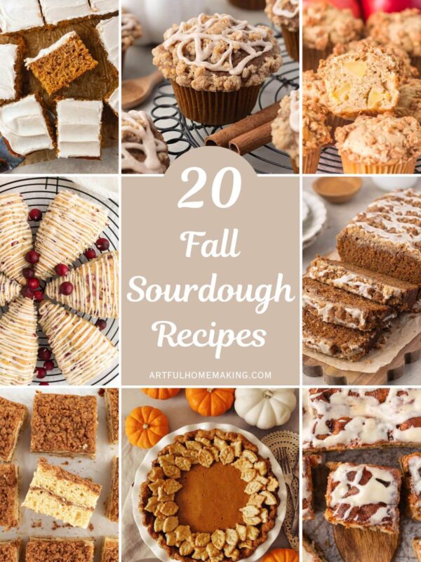 Collage showing photos of 8 fall sourdough recipes.