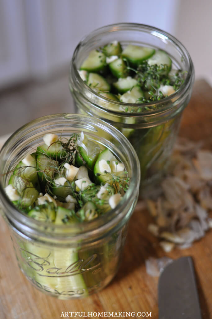 cucumbers and garlic in jars