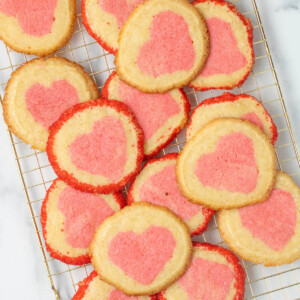 top down view of slice and bake heart cookies on a cooling rack