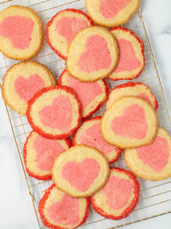 top down view of slice and bake heart cookies on a cooling rack