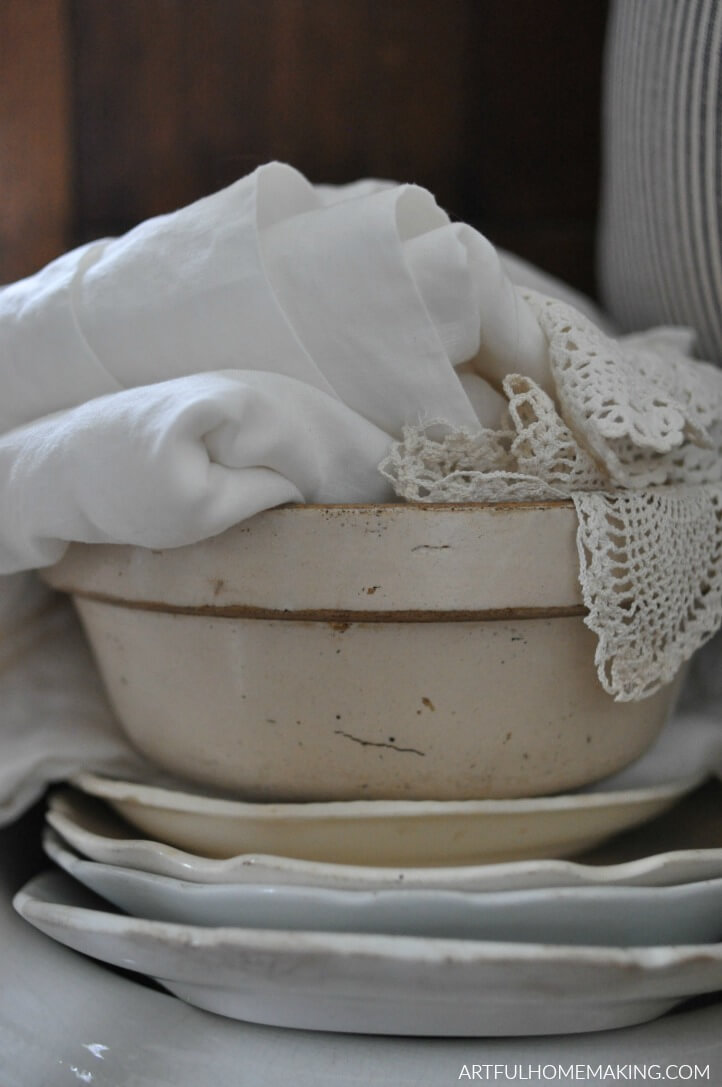 antique bowl with linens