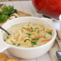a white bowl filled with creamy chicken noodle soup