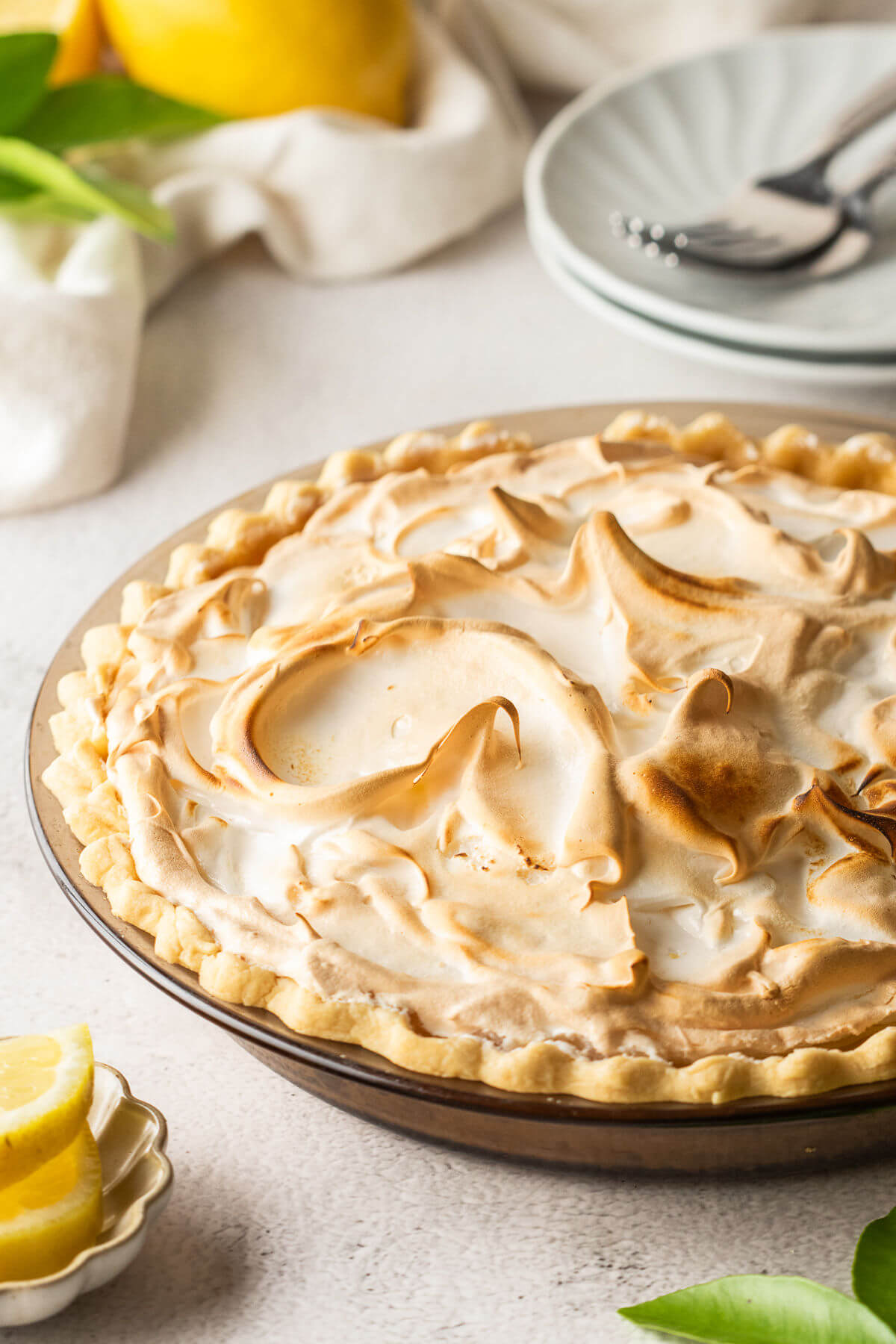 Lemon meringue pie after baking.