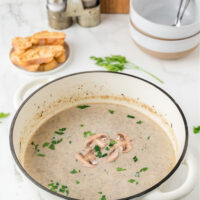 a white pot half filled with mushroom soup