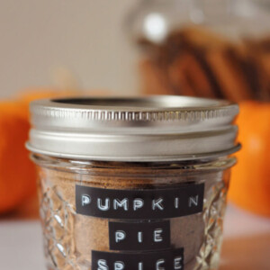 homemade pumpkin pie spice in a glass jar with label