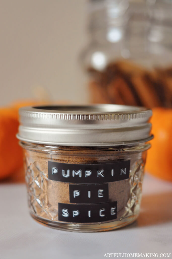 homemade pumpkin pie spice in a glass jar with label