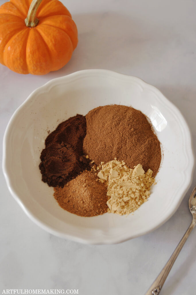 white bowl with spices in mounds around the bowl, including cinnamon, ginger, nutmeg, cloves, allspice