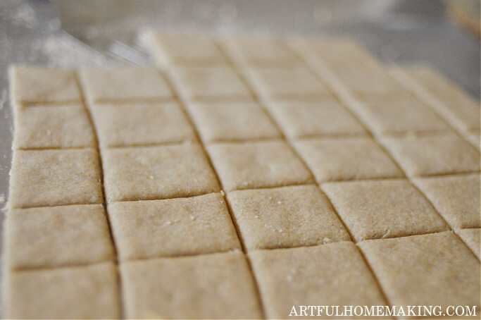 Sourdough cracker dough after being cut into pieces.