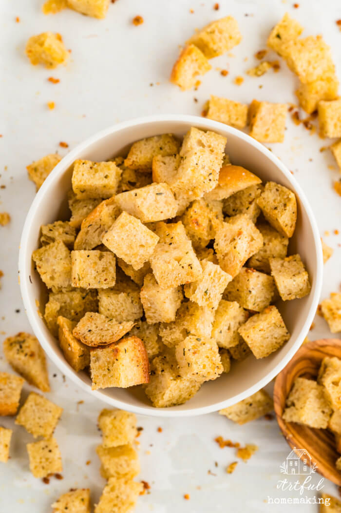 sourdough croutons in a white bowl