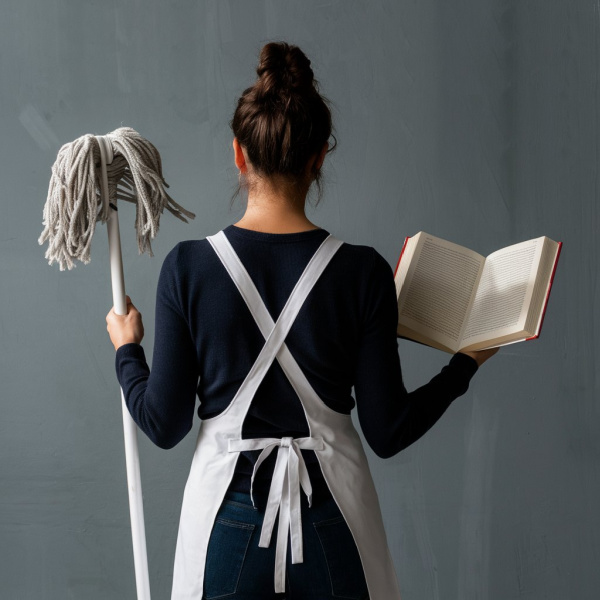 homemaker holding a mop and a book