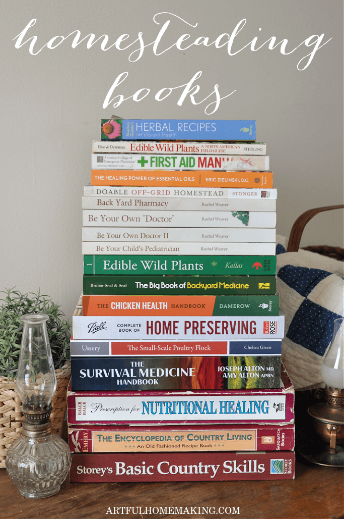 a large stack of some of the best homesteading books