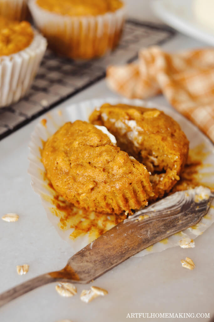 healthy pumpkin oat muffin with butter