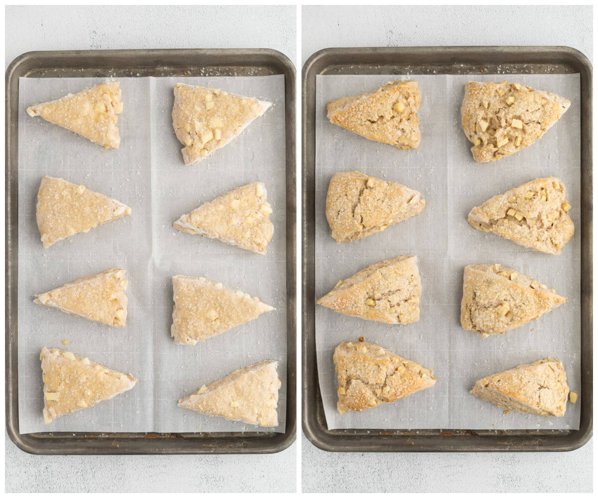 sourdough apple cinnamon scone wedges on baking sheets. First picture shows scones ready to bake, and second picture shows scones after baking.