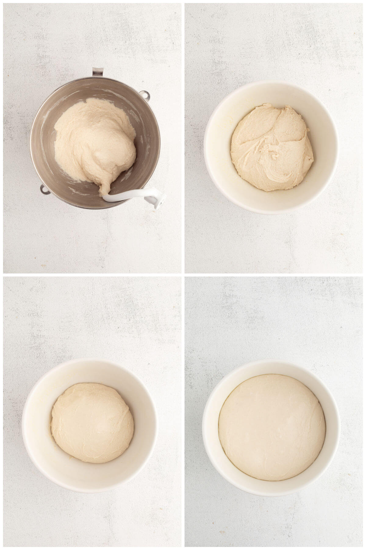 top down view of four photos showing dough in mixing bowls