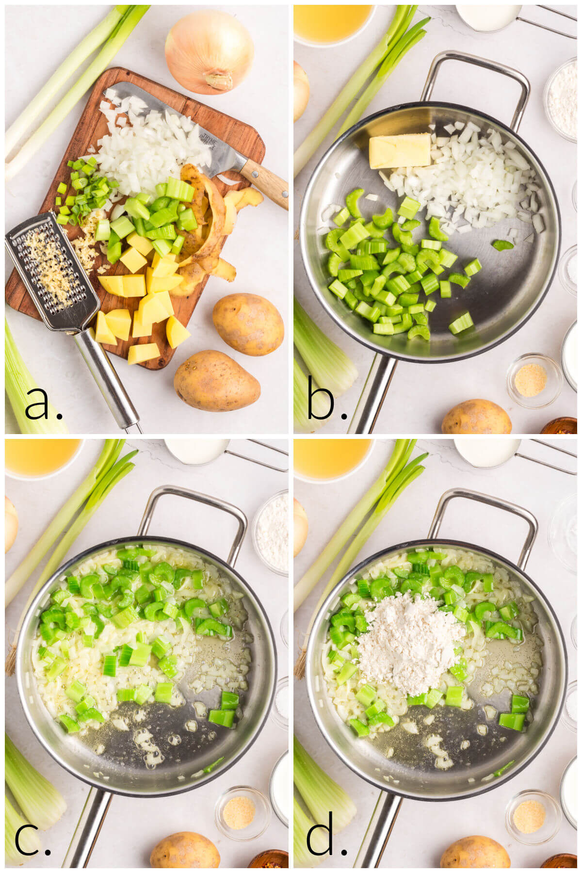 four photos showing steps for how to make cheesy potato soup