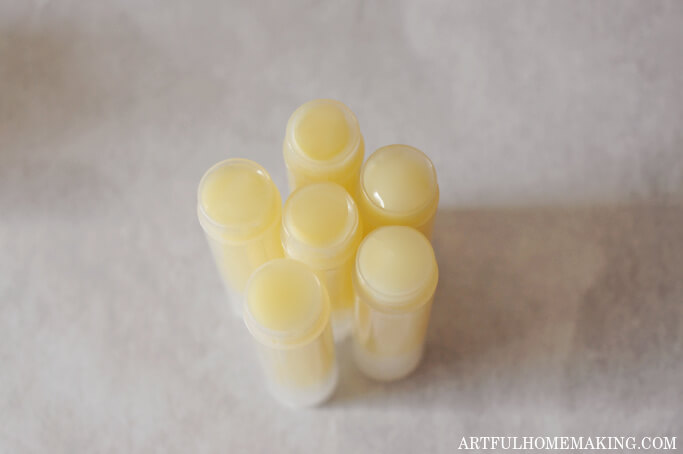 beeswax lip balm in lip balm tubes filled to the top of the tube