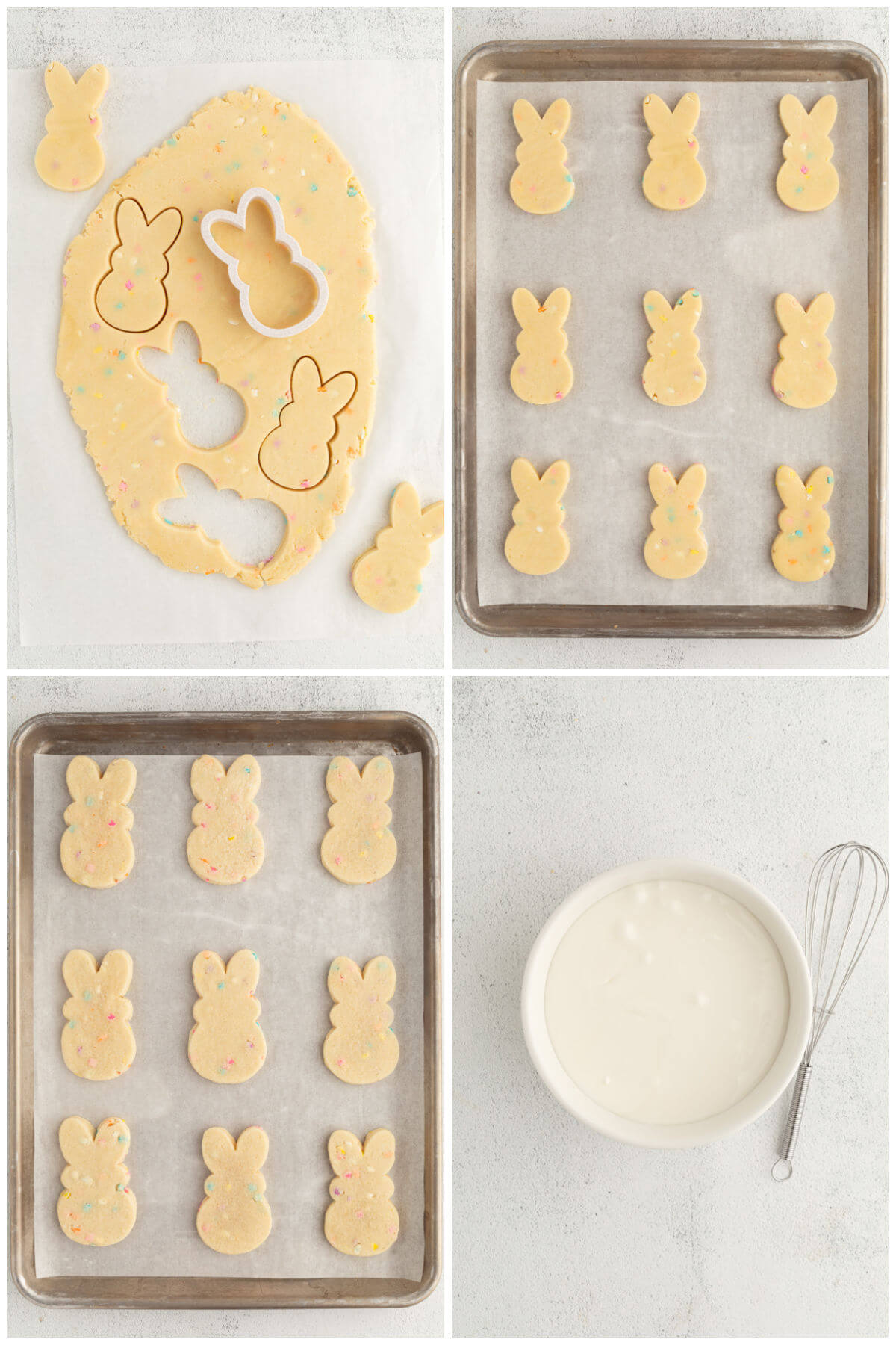 top down view of four photos showing cutting out sugar cookie dough