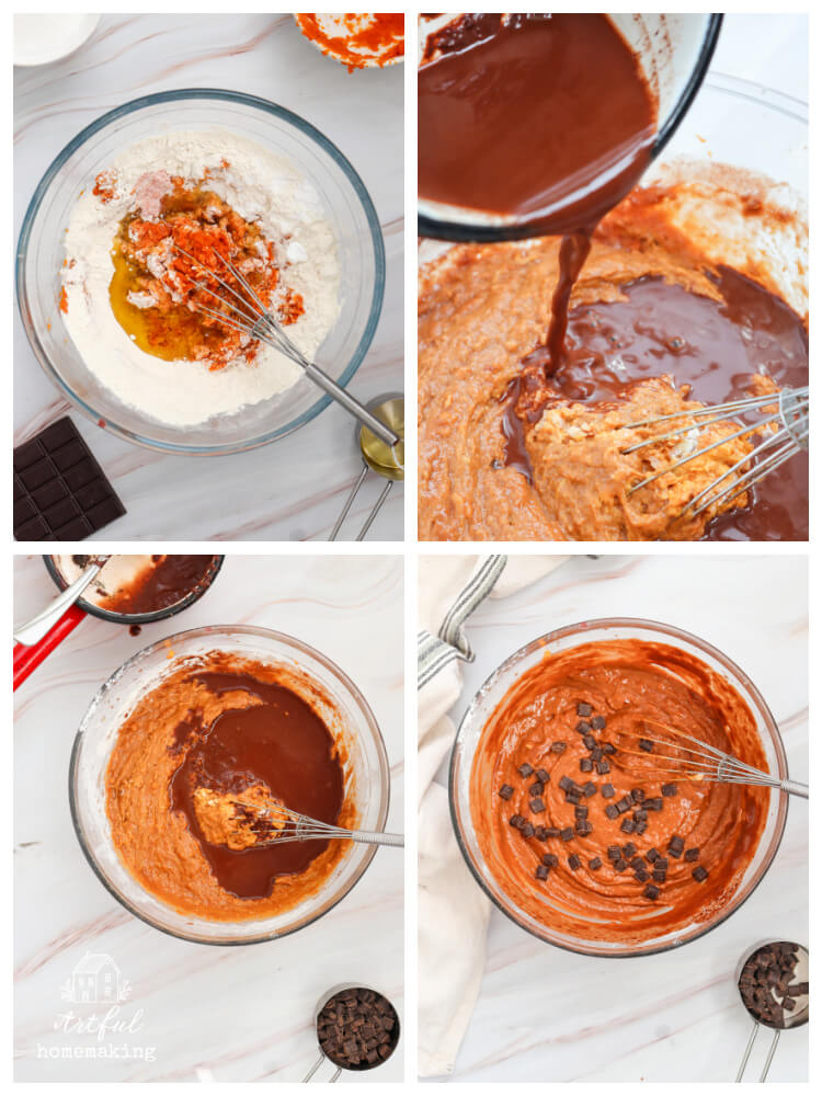 how to make pumpkin chocolate brownies photo with steps: stirring wet ingredients into dry ones, adding chocolate, and adding chocolate chips