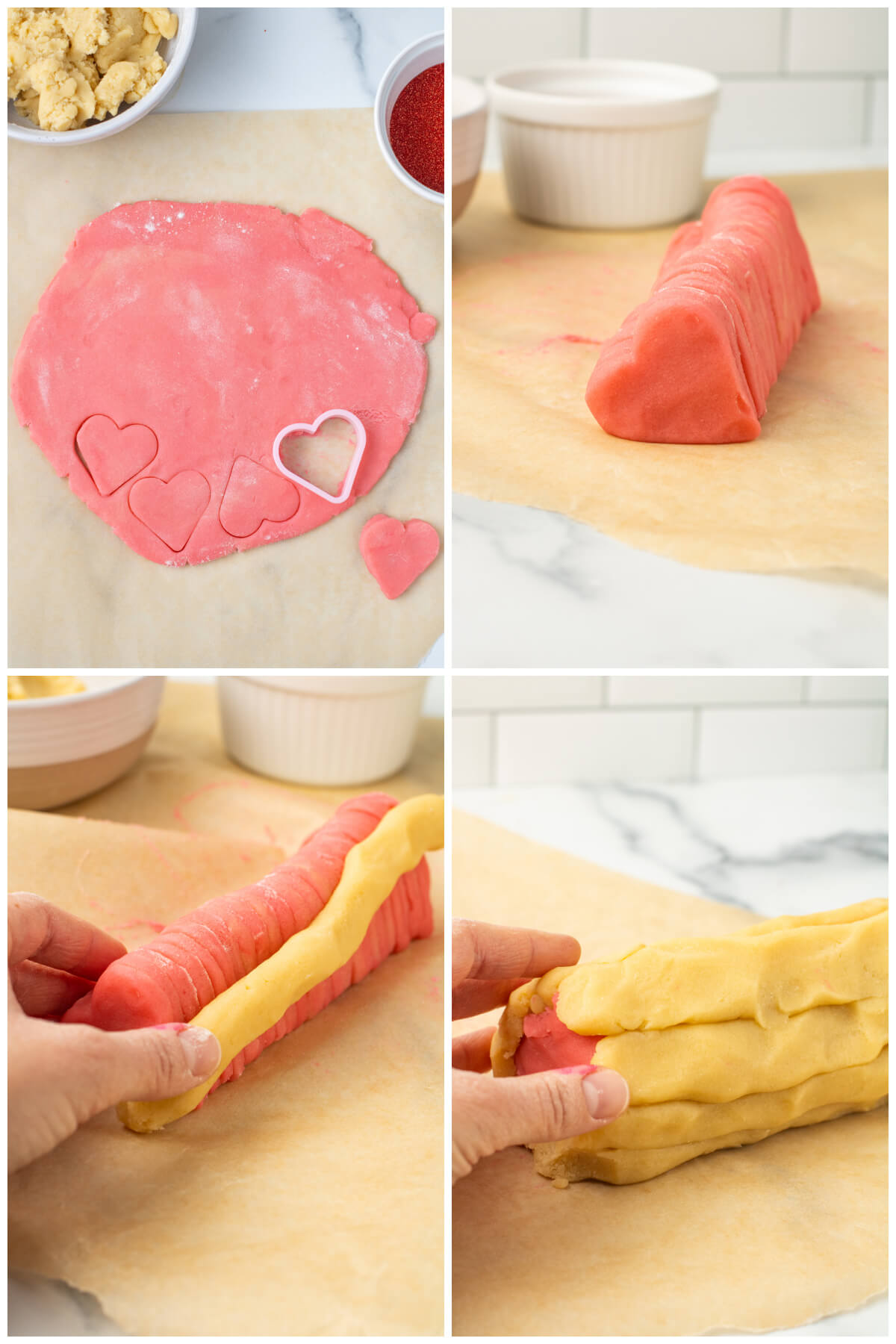 four photos showing steps to make slice and bake heart cookies