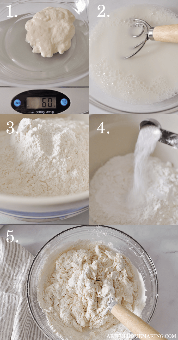 photo showing steps for mixing sourdough bread dough: weighing starter, adding and mixing water, flour, and salt, and mixing all together