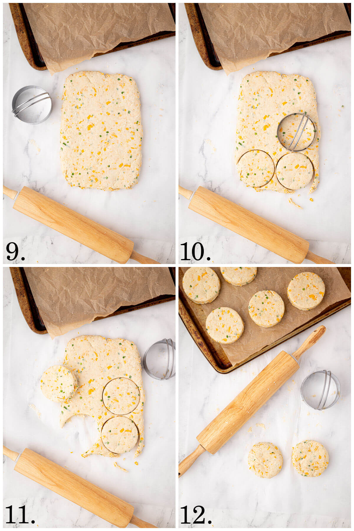Photo collage of 4 photos showing how to roll out and cut the sourdough cheddar biscuits into circles.