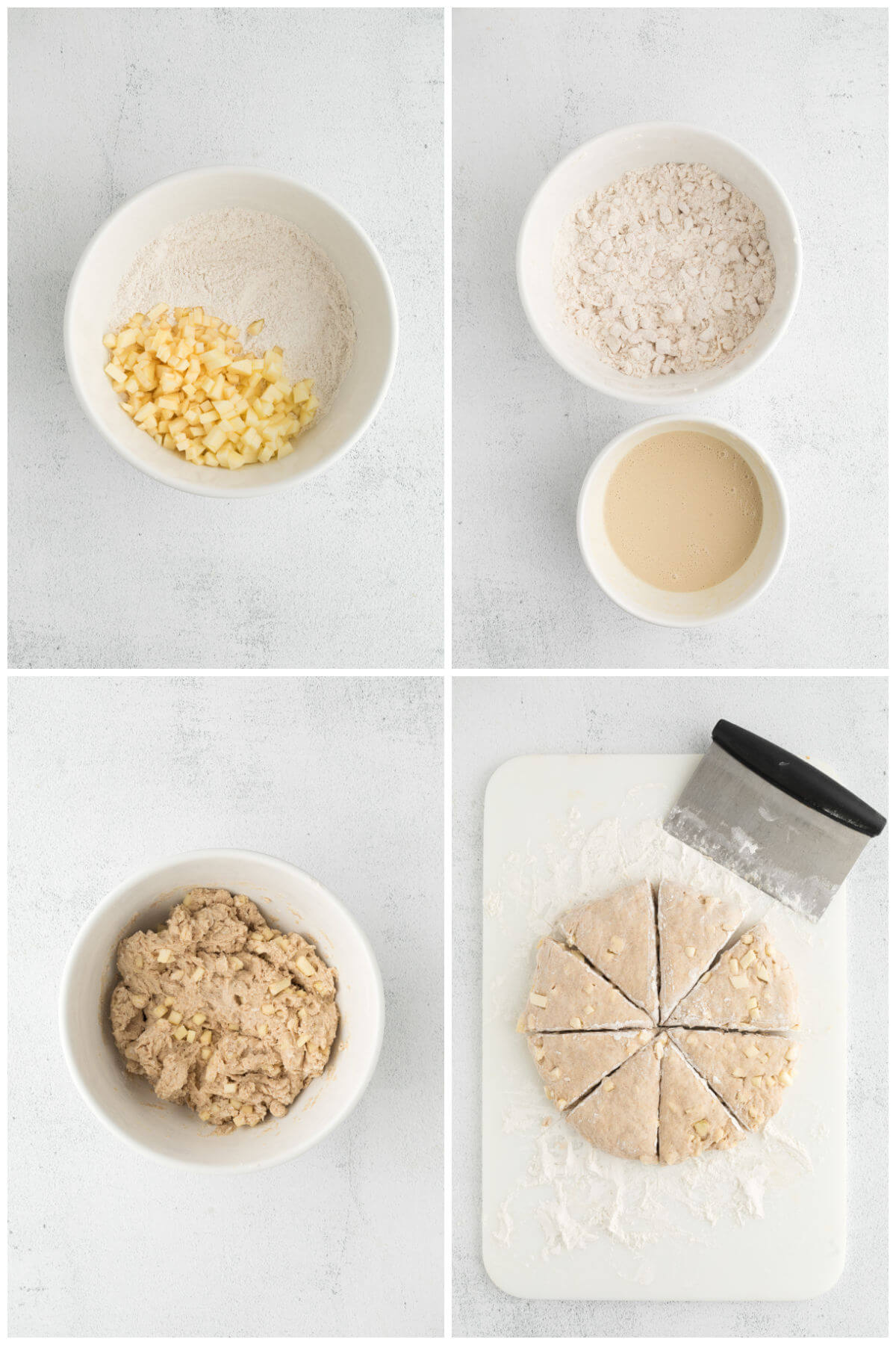 Collage of four photos showing four of the steps to making the recipe: adding apples to the dry ingredients, adding wet ingredients to the dry ones, and cutting the scone dough into 8 pieces.