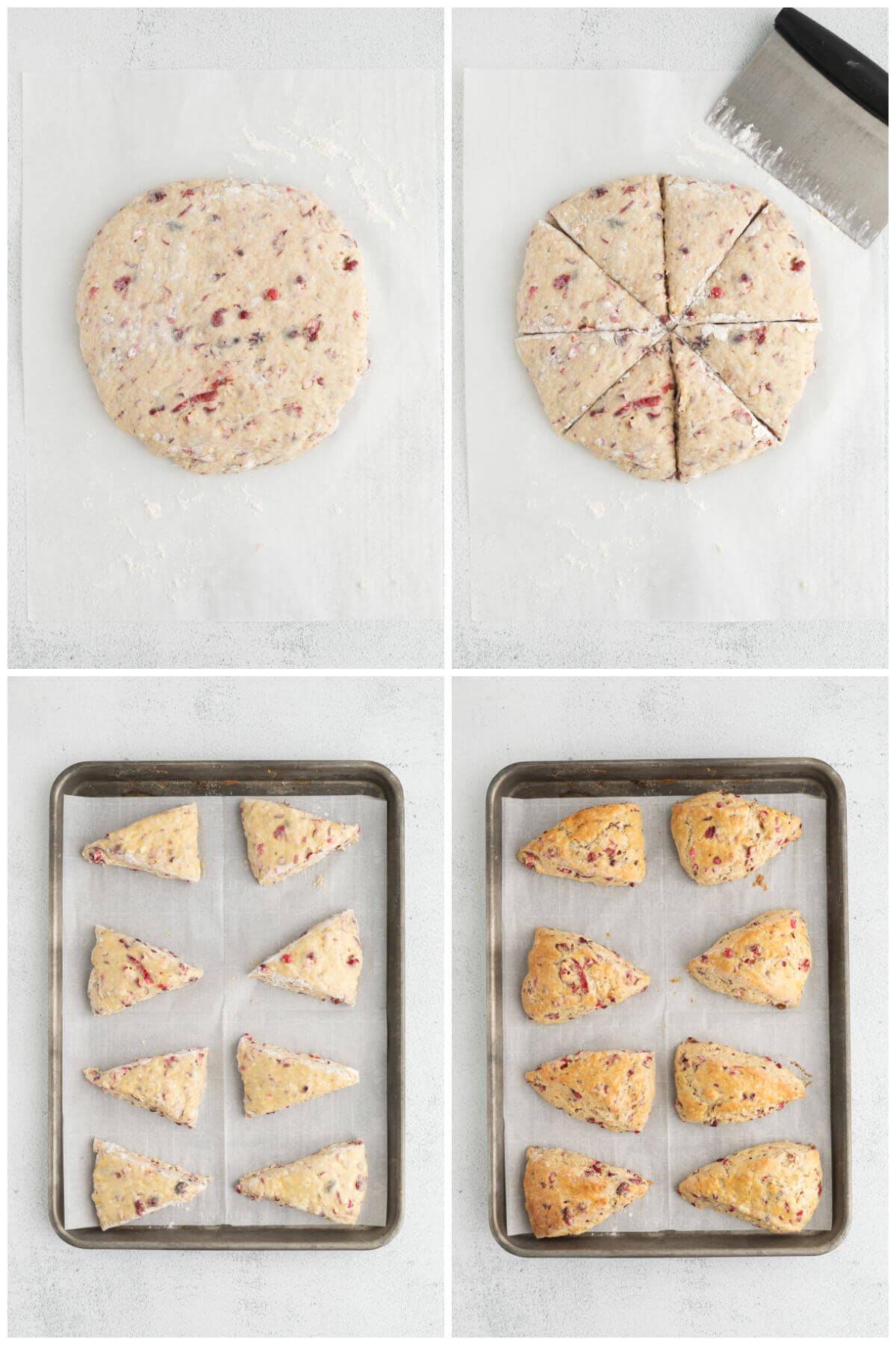 top down view of four photos showing how to shape cranberry orange scones and bake them