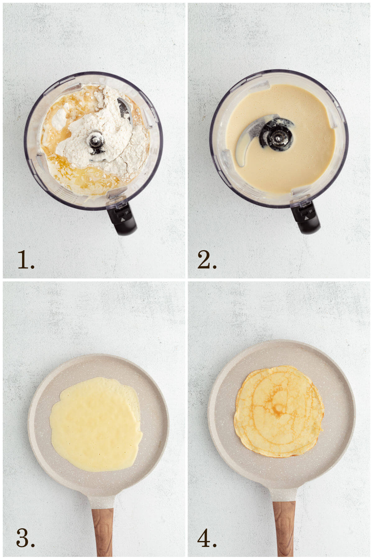 Collage of four photos showing steps 1-4 for how to make sourdough crepes.