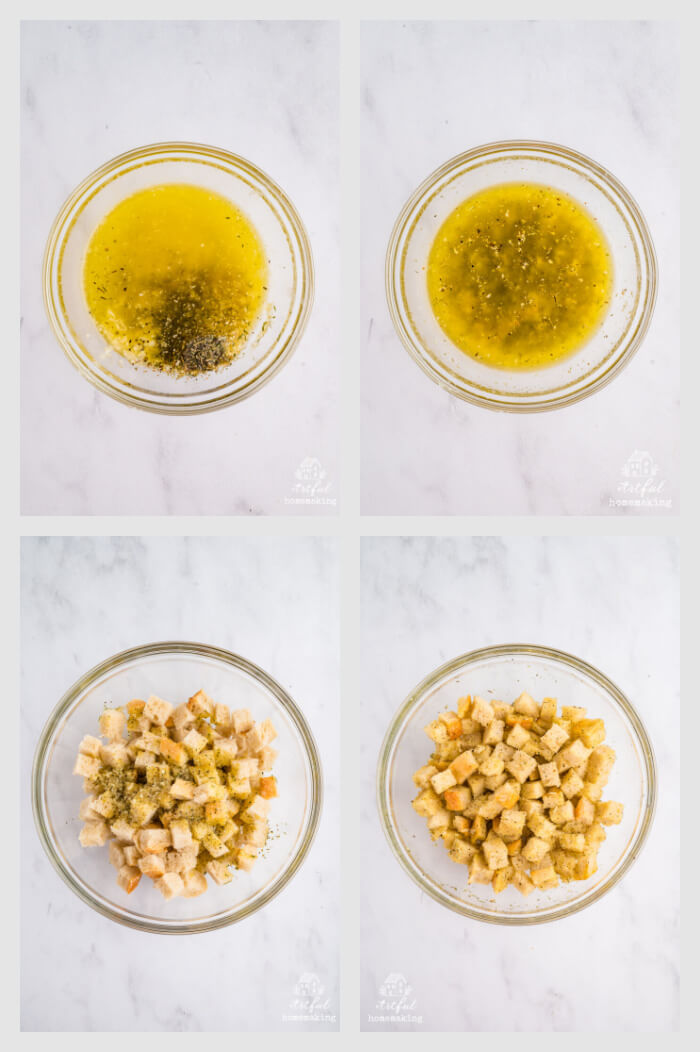 four photos showing steps for making sourdough croutons