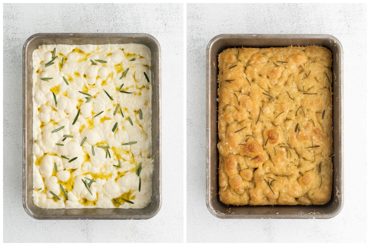 top down view of sourdough focaccia in metal pan